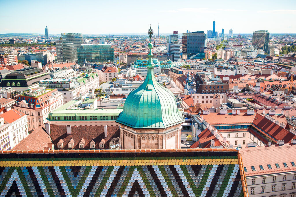 view from st. stephen's cathedral over stephansplatz square in vienna, capital of austria on sunny day